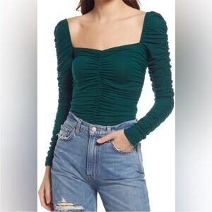 Reformation Forest Green Ruched Blouse